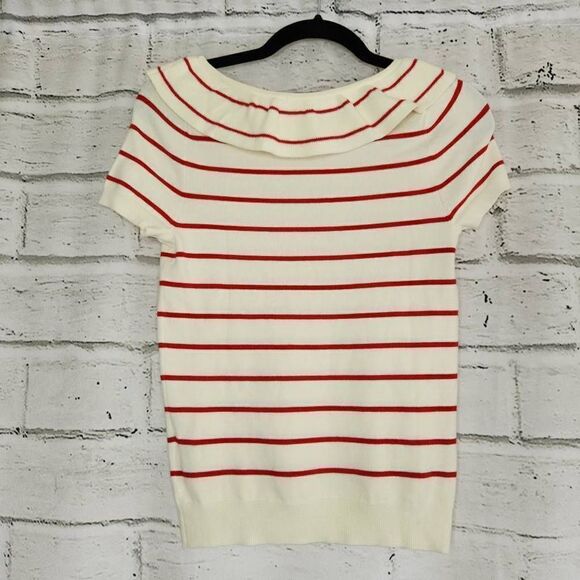 Mod Cloth Women's White Knit Striped Ruffle Short Sleeve Top Size Extra Small - Picture 5 of 10